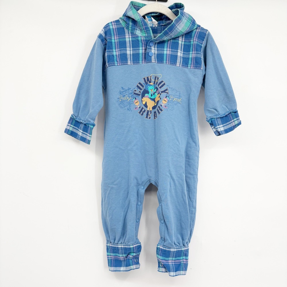 Baby B'gosh Boys Blue Plaid Cowboy Bear‎ Vintage 90s Western Hooded Romper 24M
